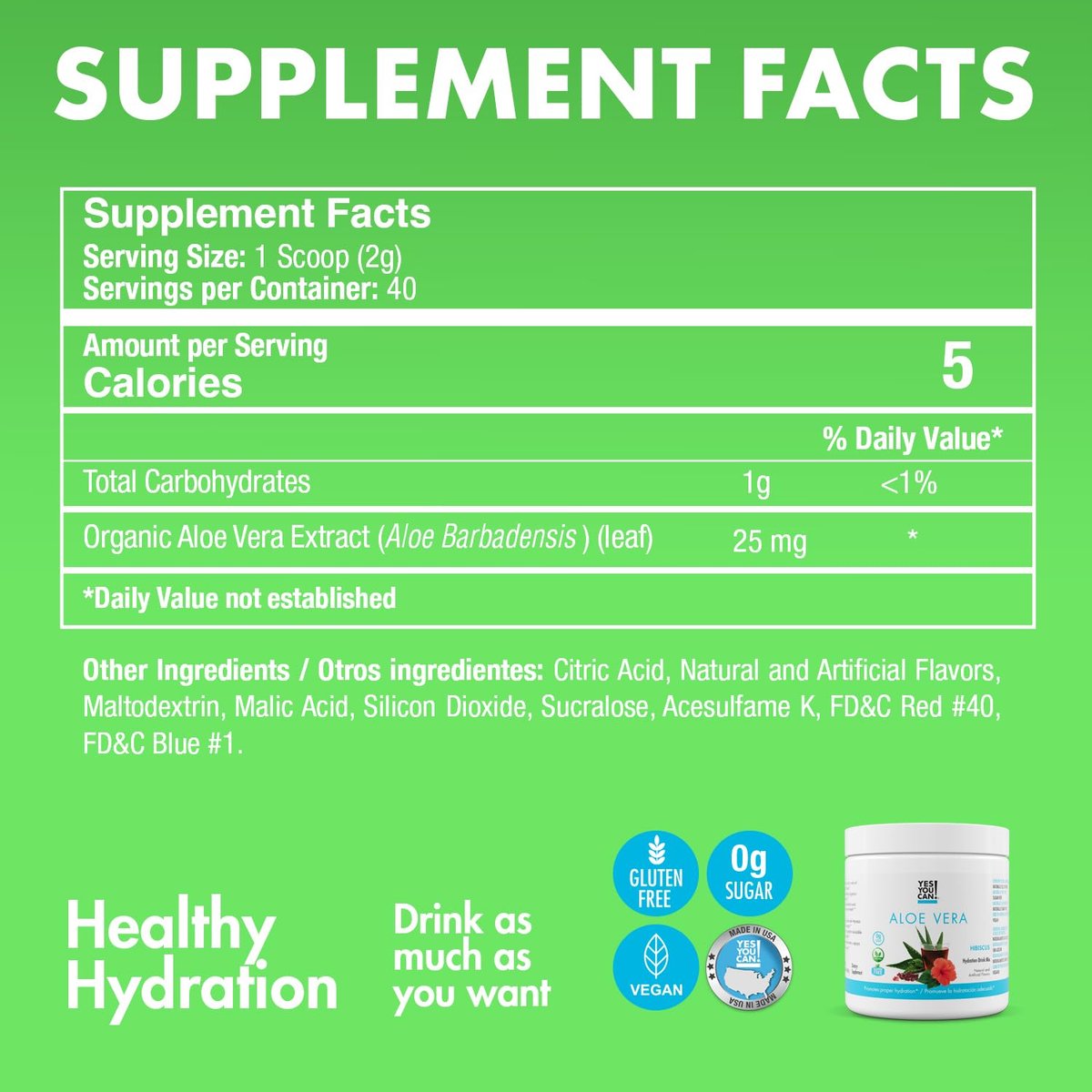 Yes You Can! Aloe Vera Pulvergetränk - Hydrationsbooster mit reinem Bio-Aloe-Vera-Extrakt - Hibiskusgeschmack - 40 Portionen - Hergestellt in den USA