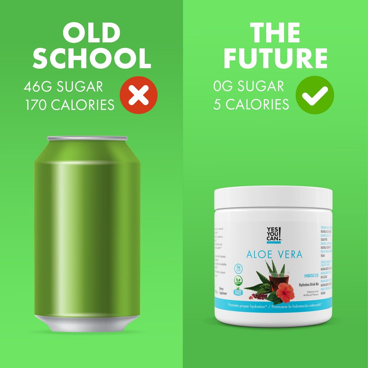 Yes You Can! Aloe Vera Pulvergetränk - Hydrationsbooster mit reinem Bio-Aloe-Vera-Extrakt - Hibiskusgeschmack - 40 Portionen - Hergestellt in den USA