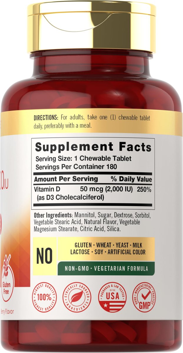 Carlyle Vitamin D3 Kautabletten 2000 IE (50 µg) | 180 Kautabletten mit Beerengeschmack | Vegetarisch, Nicht-GVO und Glutenfrei