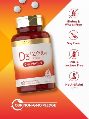 Carlyle Vitamin D3 Kautabletten 2000 IE (50 µg) | 180 Kautabletten mit Beerengeschmack | Vegetarisch, Nicht-GVO und Glutenfrei
