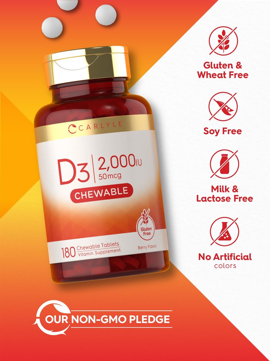 Carlyle Vitamin D3 Kautabletten 2000 IE (50 µg) | 180 Kautabletten mit Beerengeschmack | Vegetarisch, Nicht-GVO und Glutenfrei