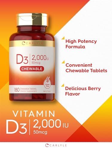 Carlyle Vitamin D3 Kautabletten 2000 IE (50 µg) | 180 Kautabletten mit Beerengeschmack | Vegetarisch, Nicht-GVO und Glutenfrei