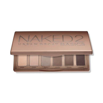 URBAN DECAY Naked 2 Basics Mini Lidschatten-Palette – 6 matte neutrale Nuancen, lang anhaltend, multifunktional für Augen, Kontur und Brauen, kühle Töne, Reisegröße mit Spiegel