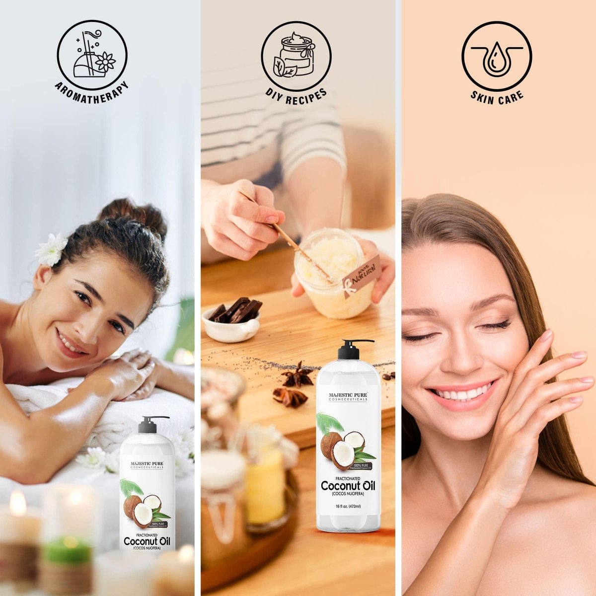 Majestic Pure Fraktioniertes Kokosöl – Entspannendes Massageöl, flüssiges Trägeröl zum Verdünnen ätherischer Öle – Feuchtigkeitsspender & Pflegemittel für Haut, Lippen, Haare & Körper – 16 fl oz (2er-Pack)