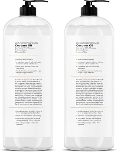 Majestic Pure Fraktioniertes Kokosöl – Entspannendes Massageöl, flüssiges Trägeröl zum Verdünnen ätherischer Öle – Feuchtigkeitsspender & Pflegemittel für Haut, Lippen, Haare & Körper – 16 fl oz (2er-Pack)
