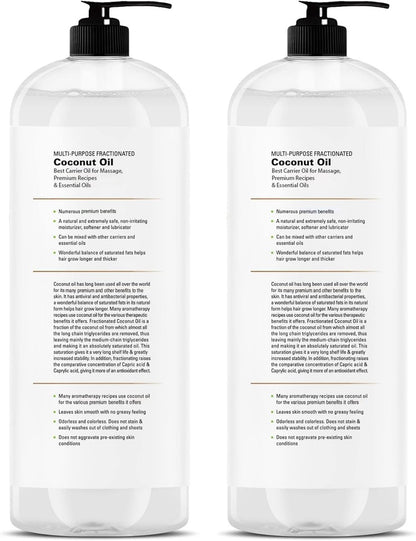 Majestic Pure Fraktioniertes Kokosöl – Entspannendes Massageöl, flüssiges Trägeröl zum Verdünnen ätherischer Öle – Feuchtigkeitsspender & Pflegemittel für Haut, Lippen, Haare & Körper – 16 fl oz (2er-Pack)
