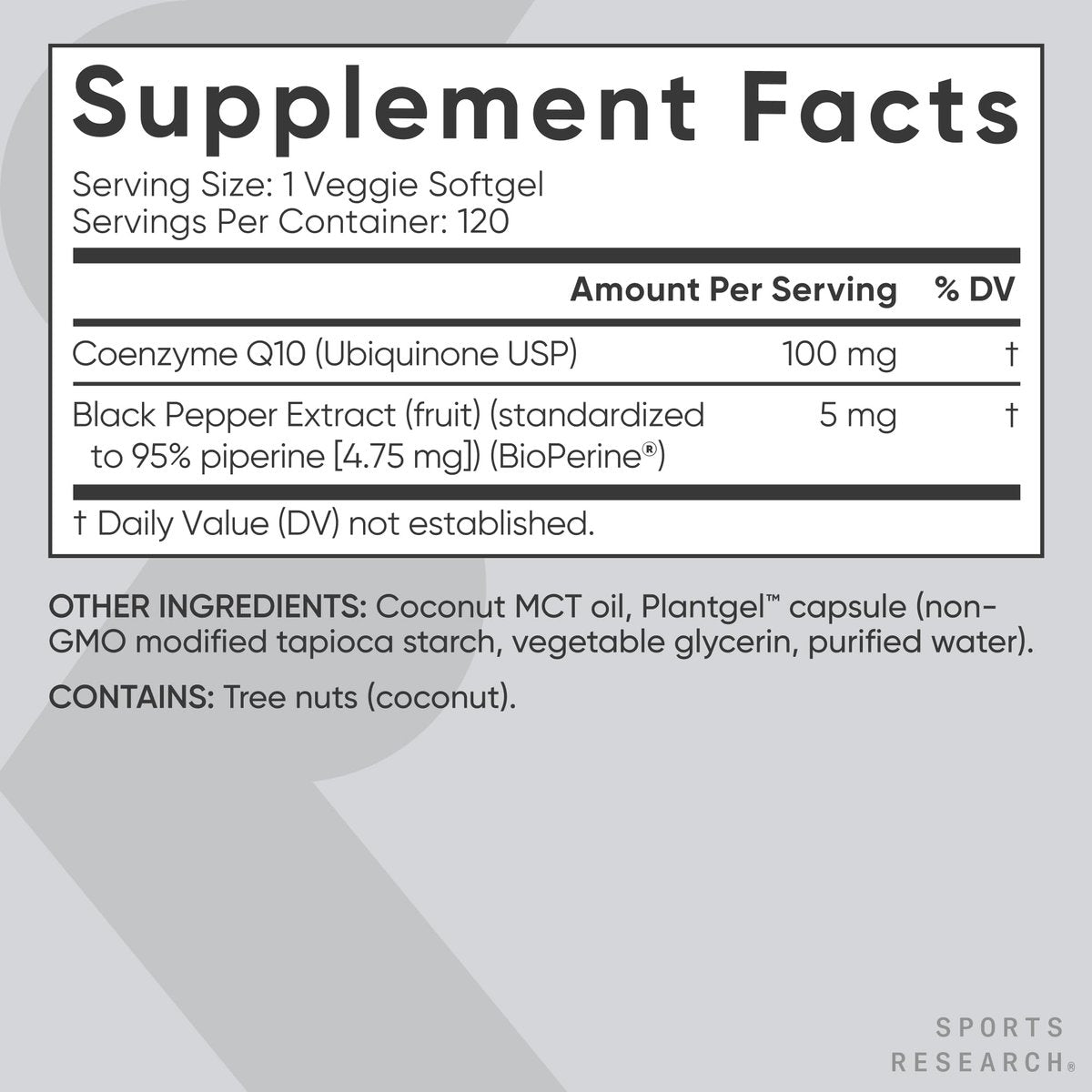 Sports Research CoQ10 (100 mg) mit Kokosöl & Bioperin (schwarzer Pfeffer) für bessere Absorption | Vegan zertifiziert, Non-GMO verifiziert (120 vegane Weichkapseln)
