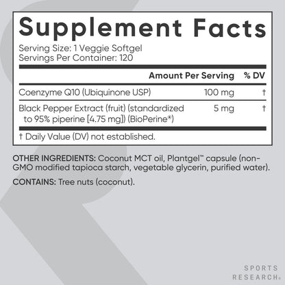 Sports Research CoQ10 (100 mg) mit Kokosöl & Bioperin (schwarzer Pfeffer) für bessere Absorption | Vegan zertifiziert, Non-GMO verifiziert (120 vegane Weichkapseln)