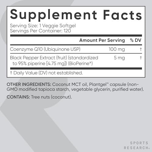 Sports Research CoQ10 (100 mg) mit Kokosöl & Bioperin (schwarzer Pfeffer) für bessere Absorption | Vegan zertifiziert, Non-GMO verifiziert (120 vegane Weichkapseln)