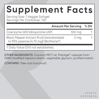 Sports Research CoQ10 (100 mg) mit Kokosöl & Bioperin (schwarzer Pfeffer) für bessere Absorption | Vegan zertifiziert, Non-GMO verifiziert (120 vegane Weichkapseln)