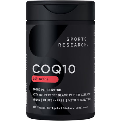 Sports Research CoQ10 (100 mg) mit Kokosöl & Bioperin (schwarzer Pfeffer) für bessere Absorption | Vegan zertifiziert, Non-GMO verifiziert (120 vegane Weichkapseln)