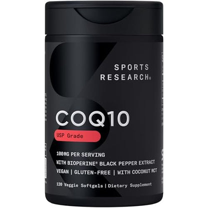 Sports Research CoQ10 (100 mg) mit Kokosöl & Bioperin (schwarzer Pfeffer) für bessere Absorption | Vegan zertifiziert, Non-GMO verifiziert (120 vegane Weichkapseln)