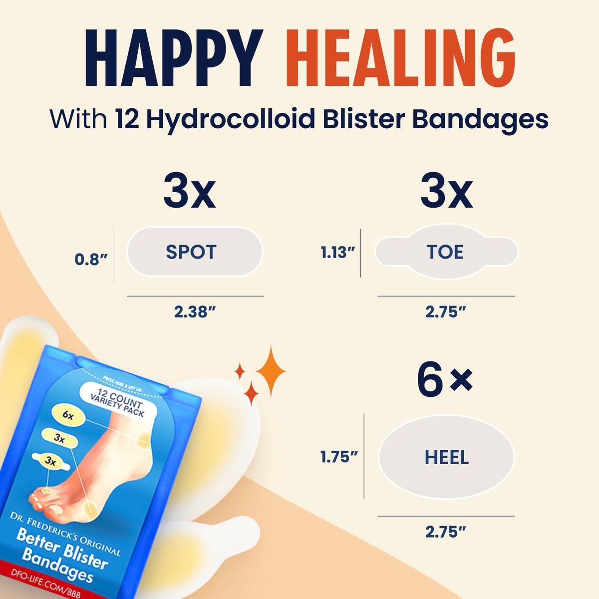 Dr. Frederick's Original Hydrokolloid Blasenpflaster - 12 Stück - wasserdichte Fersen- und Zehenpads - 40% mehr Polsterung - Blasenprävention & Behandlung - Sortimentspackung mit Fersen-, Zehen- und Spotpflastern