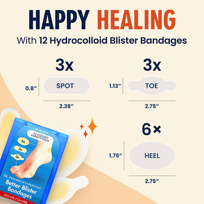 Dr. Frederick's Original Hydrokolloid Blasenpflaster - 12 Stück - wasserdichte Fersen- und Zehenpads - 40% mehr Polsterung - Blasenprävention & Behandlung - Sortimentspackung mit Fersen-, Zehen- und Spotpflastern
