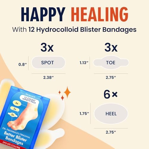 Dr. Frederick's Original Hydrokolloid Blasenpflaster - 12 Stück - wasserdichte Fersen- und Zehenpads - 40% mehr Polsterung - Blasenprävention & Behandlung - Sortimentspackung mit Fersen-, Zehen- und Spotpflastern
