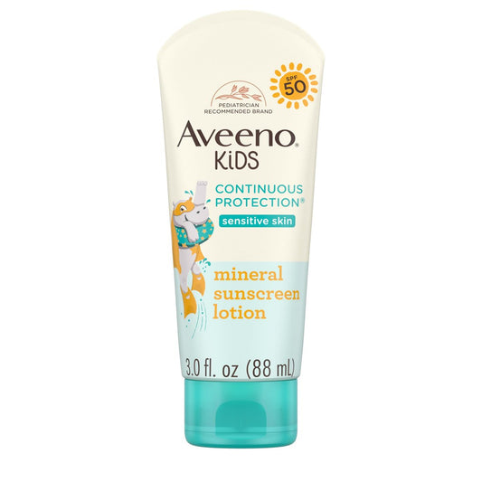 Aveeno Kids Continuous Protection Zinkoxid Mineral Sonnenlotion für empfindliche Kinderhaut mit Breitband-SPF 50, Tränenfrei, Schweiß- & Wasserbeständig, Nicht fettend, 88,7 ml