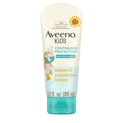 Aveeno Kids Continuous Protection Zinkoxid Mineral Sonnenlotion für empfindliche Kinderhaut mit Breitband-SPF 50, Tränenfrei, Schweiß- & Wasserbeständig, Nicht fettend, 88,7 ml