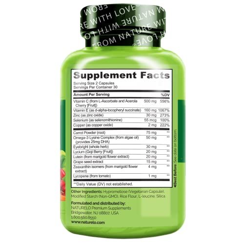 NATURELO Augen Vitamine - AREDS 2 Formel mit Lutein, Zeaxanthin, Vitamin C, E, Zink plus DHA - Nahrungsergänzung für trockene Augen, gesundes Sehen, Augenunterstützung - 60 vegane Kapseln
