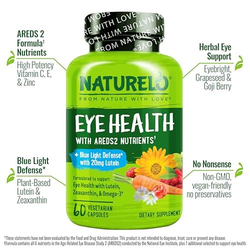 NATURELO Augen Vitamine - AREDS 2 Formel mit Lutein, Zeaxanthin, Vitamin C, E, Zink plus DHA - Nahrungsergänzung für trockene Augen, gesundes Sehen, Augenunterstützung - 60 vegane Kapseln
