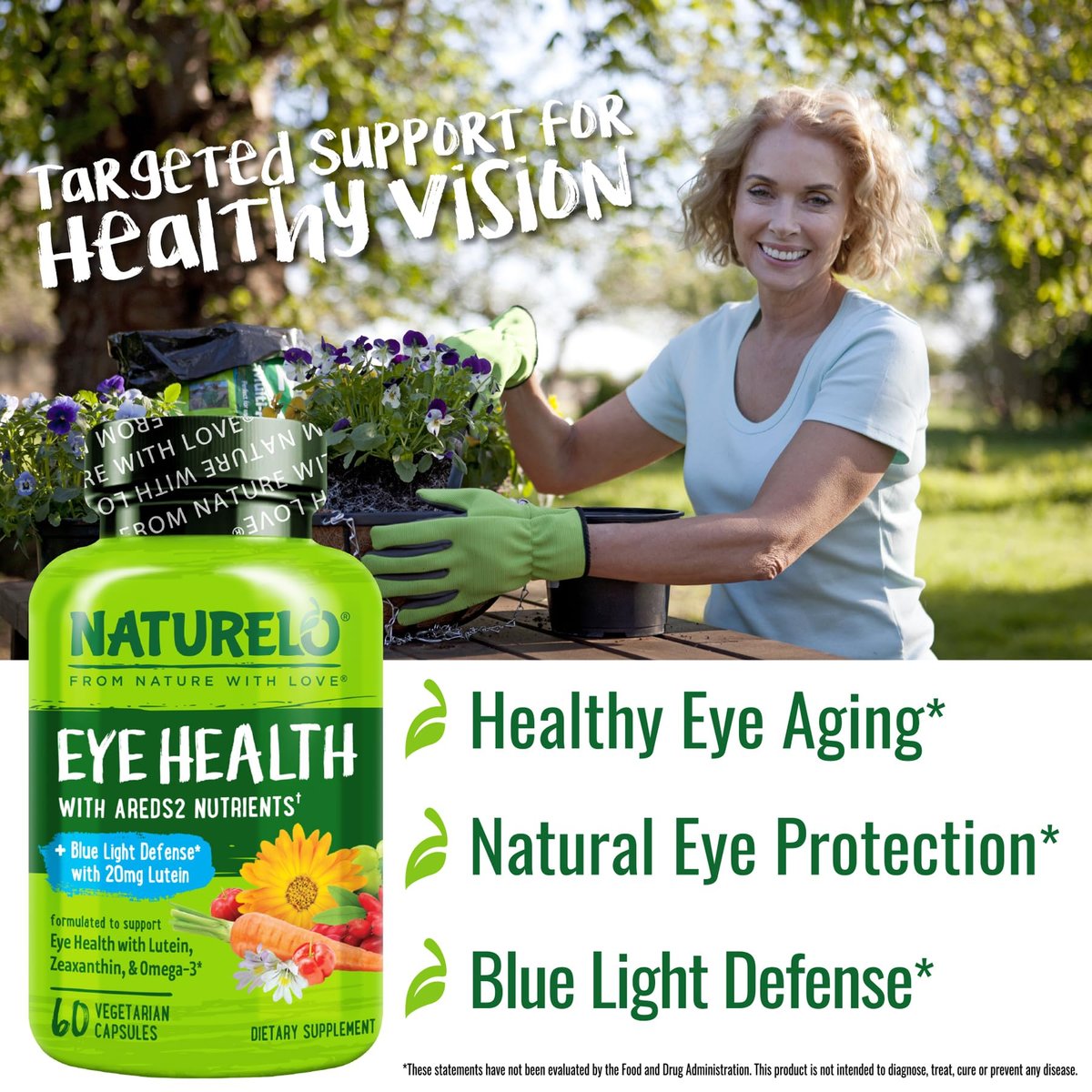 NATURELO Augen Vitamine - AREDS 2 Formel mit Lutein, Zeaxanthin, Vitamin C, E, Zink plus DHA - Nahrungsergänzung für trockene Augen, gesundes Sehen, Augenunterstützung - 60 vegane Kapseln