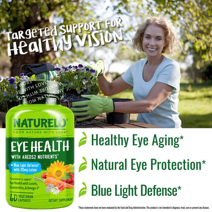 NATURELO Augen Vitamine - AREDS 2 Formel mit Lutein, Zeaxanthin, Vitamin C, E, Zink plus DHA - Nahrungsergänzung für trockene Augen, gesundes Sehen, Augenunterstützung - 60 vegane Kapseln