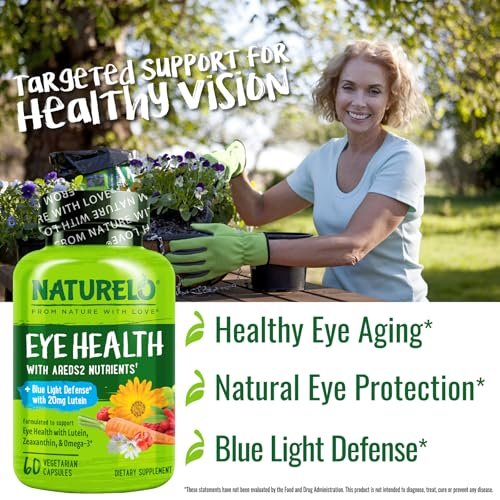 NATURELO Augen Vitamine - AREDS 2 Formel mit Lutein, Zeaxanthin, Vitamin C, E, Zink plus DHA - Nahrungsergänzung für trockene Augen, gesundes Sehen, Augenunterstützung - 60 vegane Kapseln