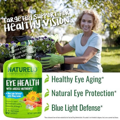 NATURELO Augen Vitamine - AREDS 2 Formel mit Lutein, Zeaxanthin, Vitamin C, E, Zink plus DHA - Nahrungsergänzung für trockene Augen, gesundes Sehen, Augenunterstützung - 60 vegane Kapseln