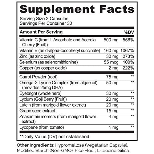 NATURELO Augen Vitamine - AREDS 2 Formel mit Lutein, Zeaxanthin, Vitamin C, E, Zink plus DHA - Nahrungsergänzung für trockene Augen, gesundes Sehen, Augenunterstützung - 60 vegane Kapseln