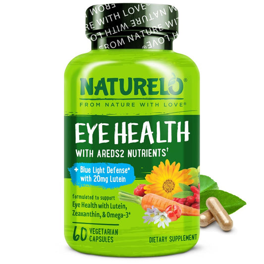 NATURELO Augen Vitamine - AREDS 2 Formel mit Lutein, Zeaxanthin, Vitamin C, E, Zink plus DHA - Nahrungsergänzung für trockene Augen, gesundes Sehen, Augenunterstützung - 60 vegane Kapseln