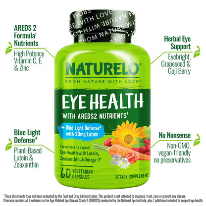 NATURELO Augen Vitamine - AREDS 2 Formel mit Lutein, Zeaxanthin, Vitamin C, E, Zink plus DHA - Nahrungsergänzung für trockene Augen, gesundes Sehen, Augenunterstützung - 60 vegane Kapseln