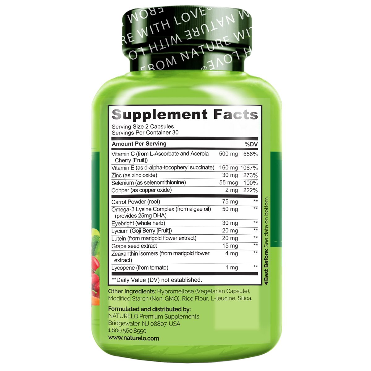 NATURELO Augen Vitamine - AREDS 2 Formel mit Lutein, Zeaxanthin, Vitamin C, E, Zink plus DHA - Nahrungsergänzung für trockene Augen, gesundes Sehen, Augenunterstützung - 60 vegane Kapseln