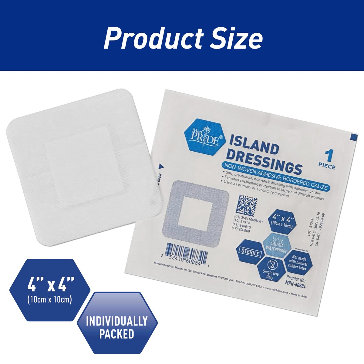 MED PRIDE Bordered Gauze-Island Dressing 4'' x 4'' – 25 einzeln verpackte sterile Wundauflagen mit Kleberand, saugfähig & atmungsaktiv, latexfrei