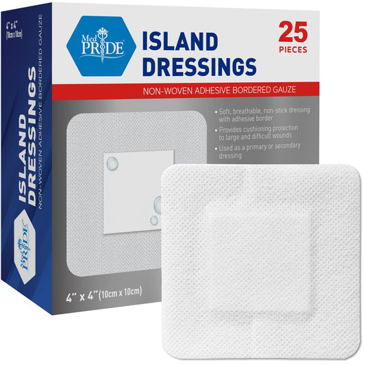 MED PRIDE Bordered Gauze-Island Dressing 4'' x 4'' – 25 einzeln verpackte sterile Wundauflagen mit Kleberand, saugfähig & atmungsaktiv, latexfrei