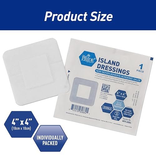 MED PRIDE Bordered Gauze-Island Dressing 4'' x 4'' – 25 einzeln verpackte sterile Wundauflagen mit Kleberand, saugfähig & atmungsaktiv, latexfrei
