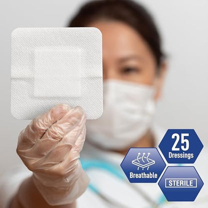 MED PRIDE Bordered Gauze-Island Dressing 4'' x 4'' – 25 einzeln verpackte sterile Wundauflagen mit Kleberand, saugfähig & atmungsaktiv, latexfrei