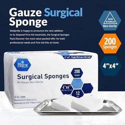 MED PRIDE 4x4 cm Mullkompressen, 200 Stück, 12-lagig, extra saugfähig | Unsterile Verbandgaze | Ideal für Wundversorgung, Reinigung und Erste-Hilfe