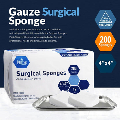 MED PRIDE 4x4 cm Mullkompressen, 200 Stück, 12-lagig, extra saugfähig | Unsterile Verbandgaze | Ideal für Wundversorgung, Reinigung und Erste-Hilfe