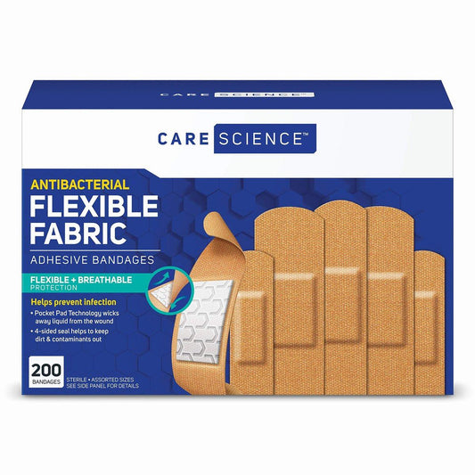 Care Science Verbandpflaster aus Stoff, 200 Stück im Großpackung, gemischte Größen | Flexible + Atmungsaktive Wundversorgung für Erste Hilfe