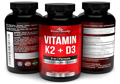 Divine Bounty Vitamin K2 (MK7 & MK4) mit D3 – Vitamin K & D als MK-7 100 µg, MK-4 500 µg und 5000 IE Vitamin D3 3-in-1 Formel – Knochen- und Herzunterstützung – 90 nicht-GMO vegetarische Kapseln