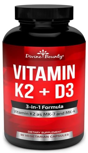 Divine Bounty Vitamin K2 (MK7 & MK4) mit D3 – Vitamin K & D als MK-7 100 µg, MK-4 500 µg und 5000 IE Vitamin D3 3-in-1 Formel – Knochen- und Herzunterstützung – 90 nicht-GMO vegetarische Kapseln