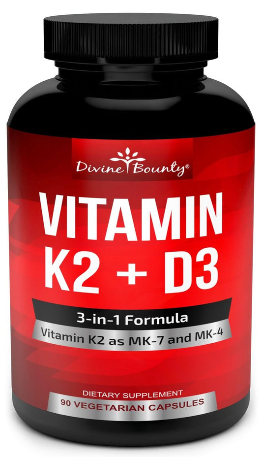 Divine Bounty Vitamin K2 (MK7 & MK4) mit D3 – Vitamin K & D als MK-7 100 µg, MK-4 500 µg und 5000 IE Vitamin D3 3-in-1 Formel – Knochen- und Herzunterstützung – 90 nicht-GMO vegetarische Kapseln