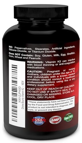 Divine Bounty Vitamin K2 (MK7 & MK4) mit D3 – Vitamin K & D als MK-7 100 µg, MK-4 500 µg und 5000 IE Vitamin D3 3-in-1 Formel – Knochen- und Herzunterstützung – 90 nicht-GMO vegetarische Kapseln