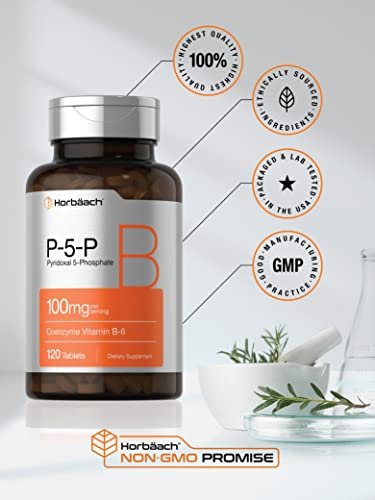 Horbäach P5P Aktiviertes Vitamin B6 100 mg | 120 Tabletten | Vegetarisches Nahrungsergänzungsmittel, Nicht-GVO, Glutenfrei | Pyridoxal-5-Phosphat | Coenzym B6