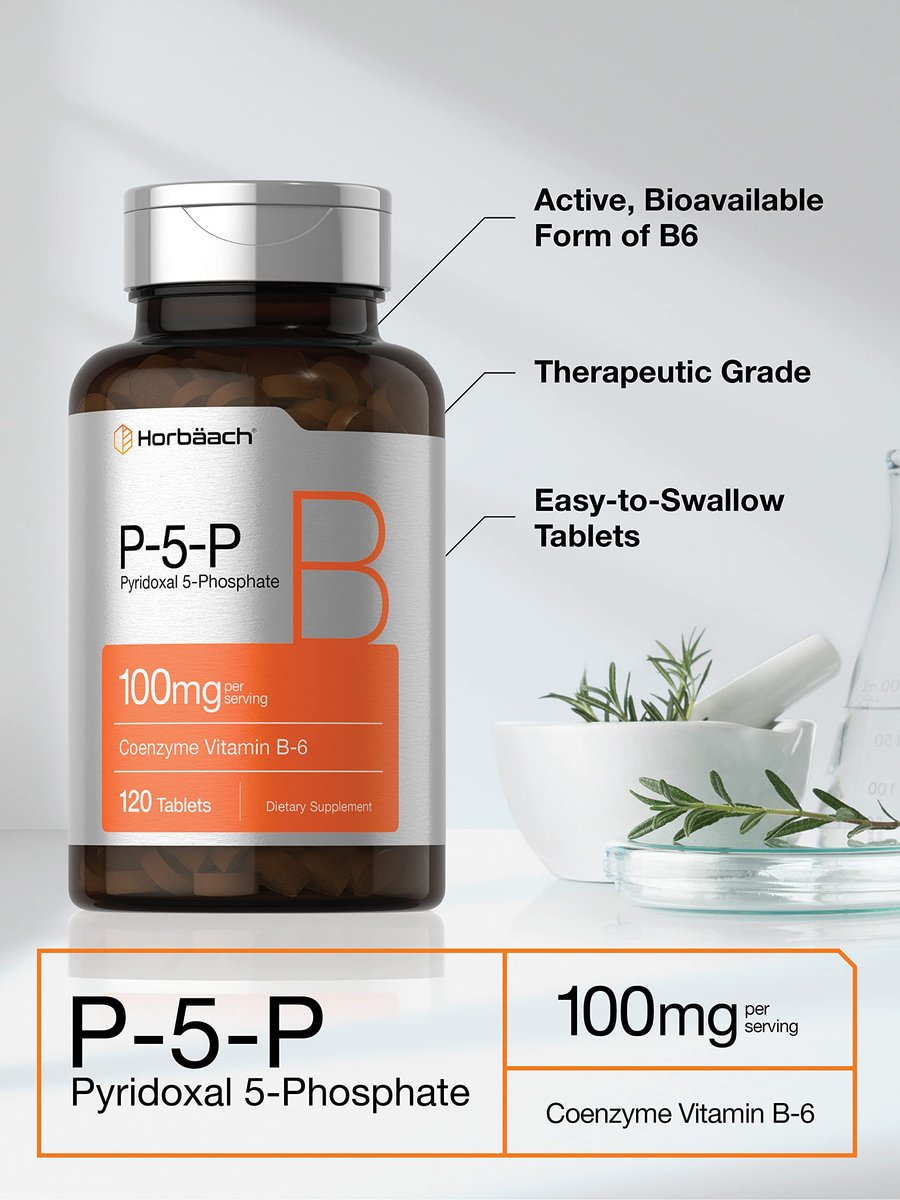 Horbäach P5P Aktiviertes Vitamin B6 100 mg | 120 Tabletten | Vegetarisches Nahrungsergänzungsmittel, Nicht-GVO, Glutenfrei | Pyridoxal-5-Phosphat | Coenzym B6