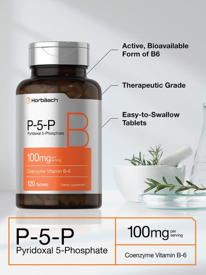 Horbäach P5P Aktiviertes Vitamin B6 100 mg | 120 Tabletten | Vegetarisches Nahrungsergänzungsmittel, Nicht-GVO, Glutenfrei | Pyridoxal-5-Phosphat | Coenzym B6