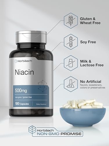 Horbäach Niacin | Vitamin B3 500mg | 100 Kapseln | mit Flush | Non-GMO, glutenfrei