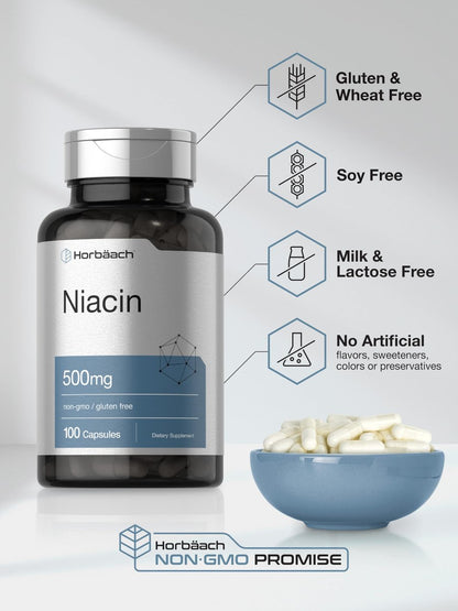Horbäach Niacin | Vitamin B3 500mg | 100 Kapseln | mit Flush | Non-GMO, glutenfrei