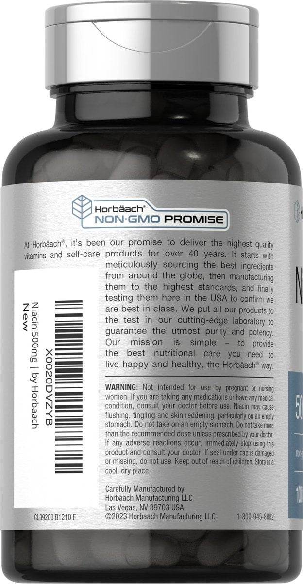 Horbäach Niacin | Vitamin B3 500mg | 100 Kapseln | mit Flush | Non-GMO, glutenfrei