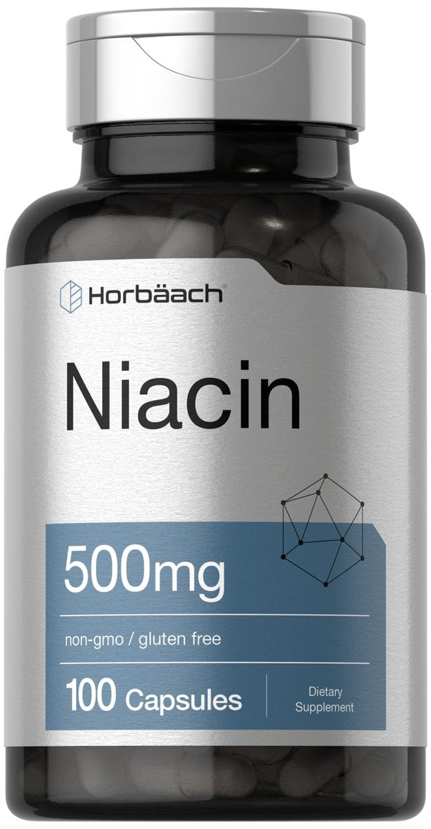 Horbäach Niacin | Vitamin B3 500mg | 100 Kapseln | mit Flush | Non-GMO, glutenfrei