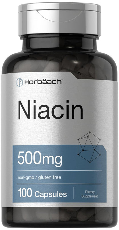 Horbäach Niacin | Vitamin B3 500mg | 100 Kapseln | mit Flush | Non-GMO, glutenfrei